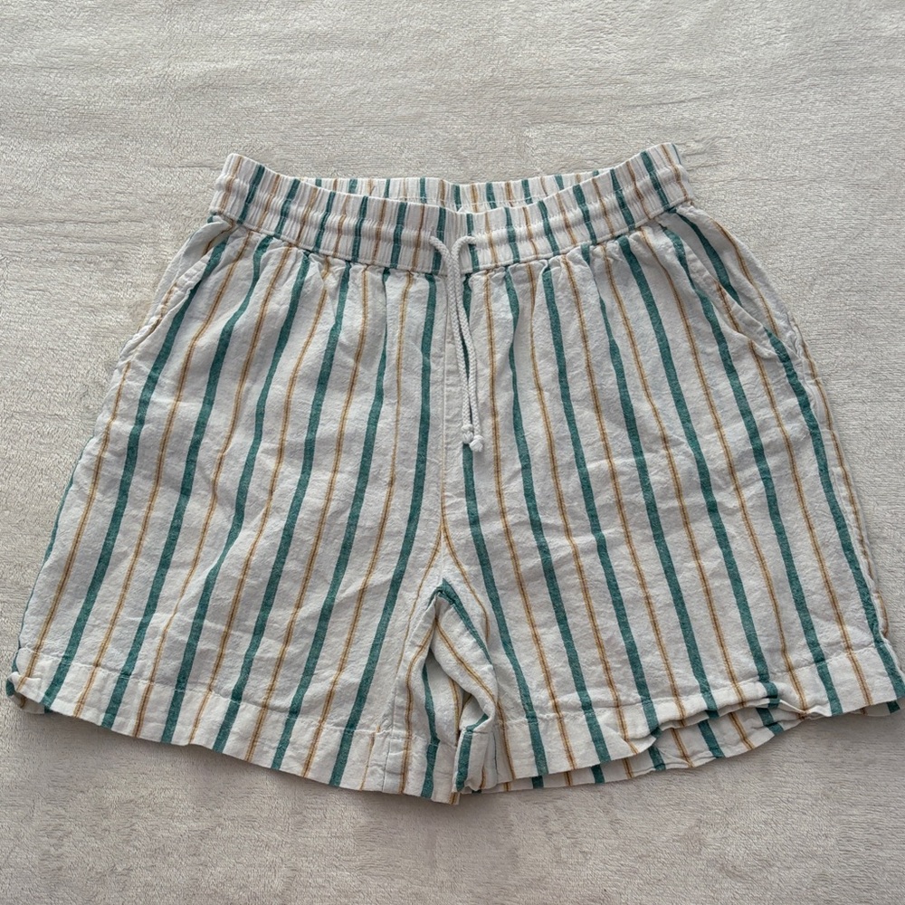 beachlunchlounge Women’s Cream Shorts with Teal and Tan Linen Blend Stripes, XS